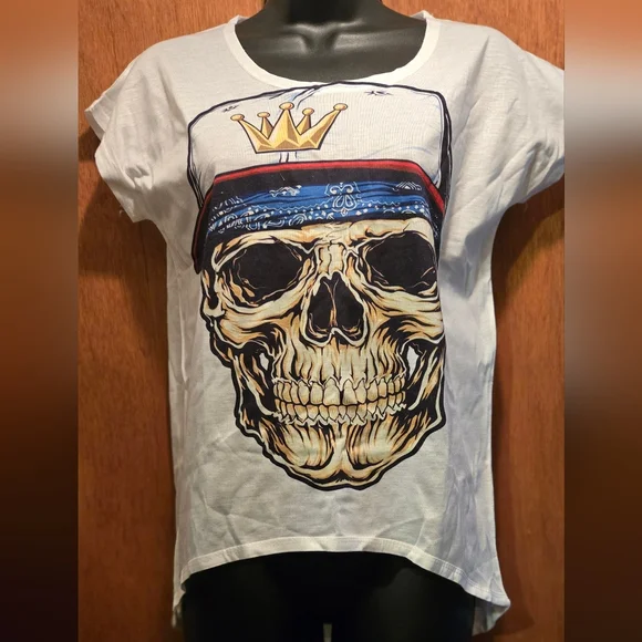 Mittelmeer skull graphic white t-shirt capped sleeves high/low hemline szF - Picture 2 of 6